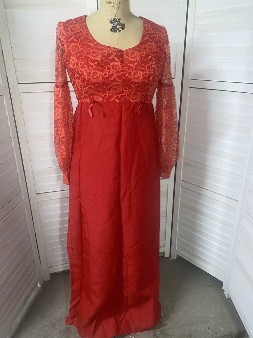 70’s Vintage Handmade Red Satin Lace Maxi Empire Waist Dress Prom Size Medium